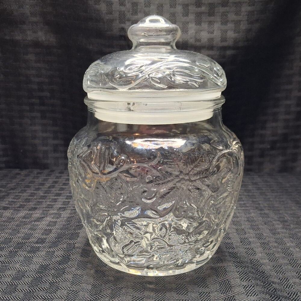 Princess House Fantasia Poinsettia Glass Canister Jar Stopper Lid Small
